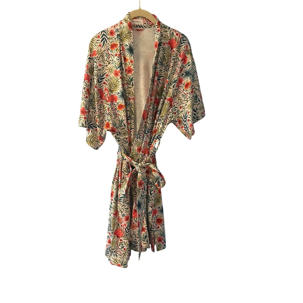 Mason Grey Womens Floral Flamingo Kimono Robe With Belt L Pink Green